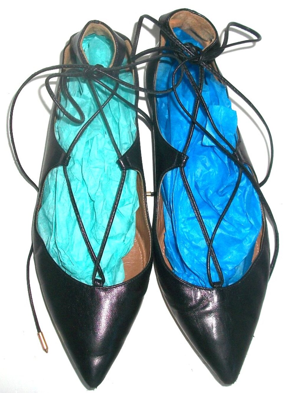 Aquazurra "Christy" Black Leather Lace-Up Pointy Flats w Gold on Heels